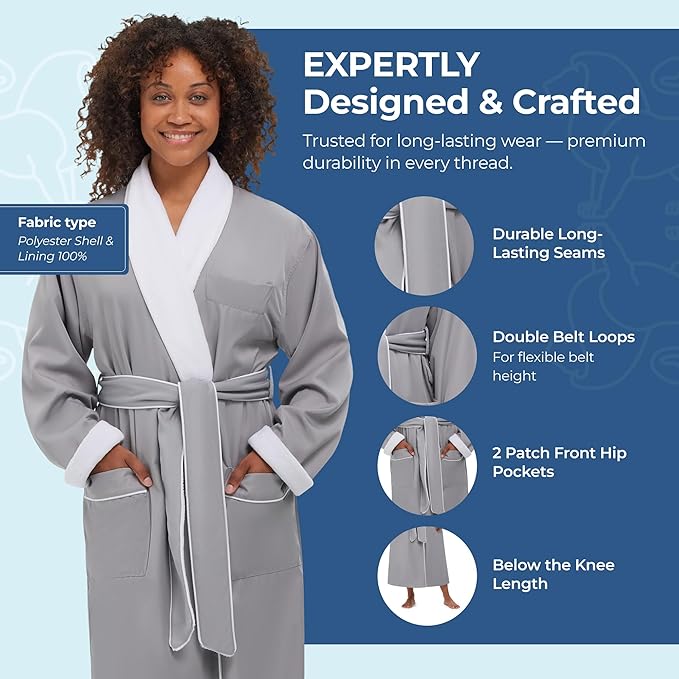 MONARCH Unisex Plush Lined Microfiber Bath Robe - Soft Shell with Polyester Lining, Resort-Grade Hotel & Spa Robe with Pocket