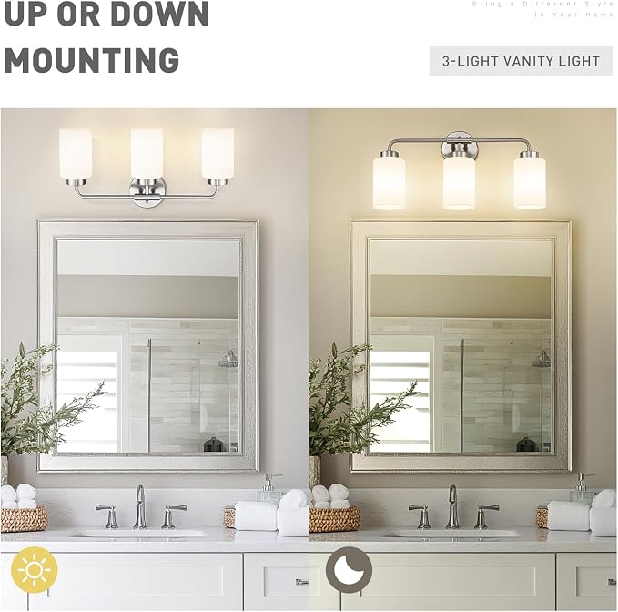 zeyu 21.6-Inch 3-Light Bathroom Lights Over Mirror Fixture, ZS62B-3W BN | Brushed Nickel Vanity Lighting, Milky White Glass Shade, Up/Down Mount, 3 E26 Bulbs Up To 60W Each, For Bathroom Mirror