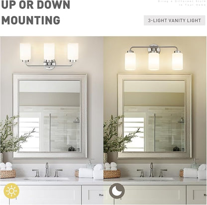 zeyu 21.6-Inch 3-Light Bathroom Lights Over Mirror Fixture, ZS62B-3W BN | Brushed Nickel Vanity Lighting, Milky White Glass Shade, Up/Down Mount, 3 E26 Bulbs Up To 60W Each, For Bathroom Mirror