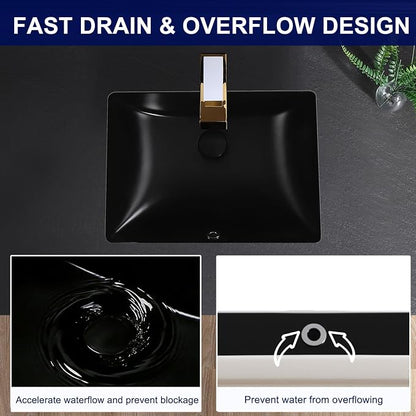 Undermount Bathroom Sink 20x15 Inch Small Bathroom Sink Black Porcelain Ceramic Bathroom Under Counter Lavatory Vanity Sink Basin Rectangular Undermount Sinks with Overflow