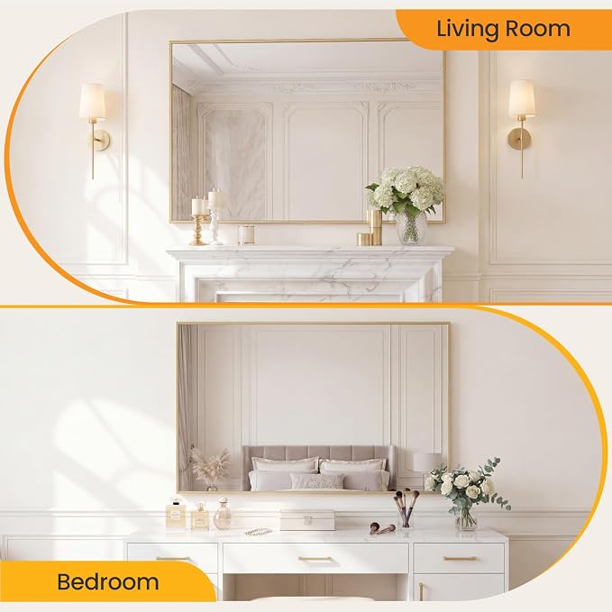 Sweetcrispy Bathroom Mirror, 30" x 48" Rectangle Wall Mount Mirrors | for bathroom Sink, Rectangle Metal Frame Tempered Glass, Home Decor, Anti-Rust Hang, Gold