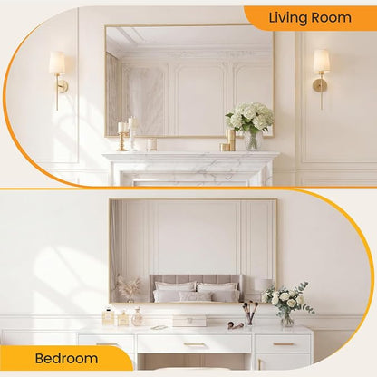 Sweetcrispy Bathroom Mirror, 30" x 48" Rectangle Wall Mount Mirrors | Modern Vanity Mirror with Tempered Glass, Metal Frame, for Home Decor, Anti-Rust, Gold