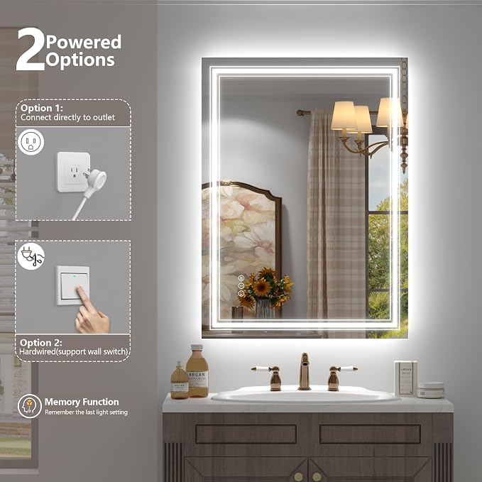 24x36 LED Bathroom Mirror with Lights | Dimmable, Backlit and Front Lighted Mirror, Anti-Fog, Shatterproof, Memory, ETL Listed (Horizontal/Vertical)