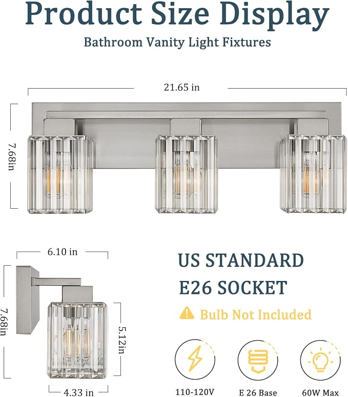 Brushed Nickel Bathroom Light Fixtures, 3-Light Vanity Light Over Mirror | Wall Sconces with Square Crystal Shades, E26 Socket, Modern Vanity Lights for Bathroom (Bulbs Not Included)