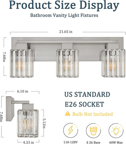 Brushed Nickel Bathroom Light Fixtures, 3-Light Vanity Light Over Mirror | Wall Sconces with Square Crystal Shades, E26 Socket, Modern Vanity Lights for Bathroom (Bulbs Not Included)