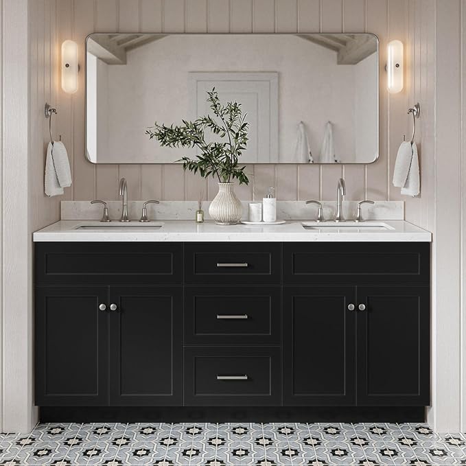 DKB Bradford 72 Inch Bathroom Vanity Double Sink — Black Bathroom Vanity with Sink, 1.5" Edge Carrara White Countertop & Backsplash, 4 Soft-Close Doors, and 3 Dovetail Drawers