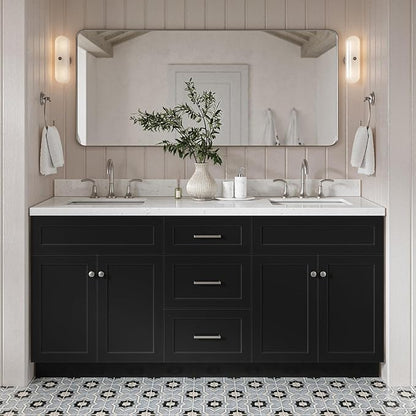 DKB Bradford 72 Inch Bathroom Vanity Double Sink — Black Bathroom Vanity with Sink, 1.5" Edge Carrara White Countertop & Backsplash, 4 Soft-Close Doors, and 3 Dovetail Drawers