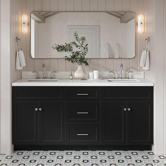 DKB Bradford 72 Inch Bathroom Vanity Double Sink — Black Bathroom Vanity with Sink, 1.5" Edge Carrara White Countertop & Backsplash, 4 Soft-Close Doors, and 3 Dovetail Drawers