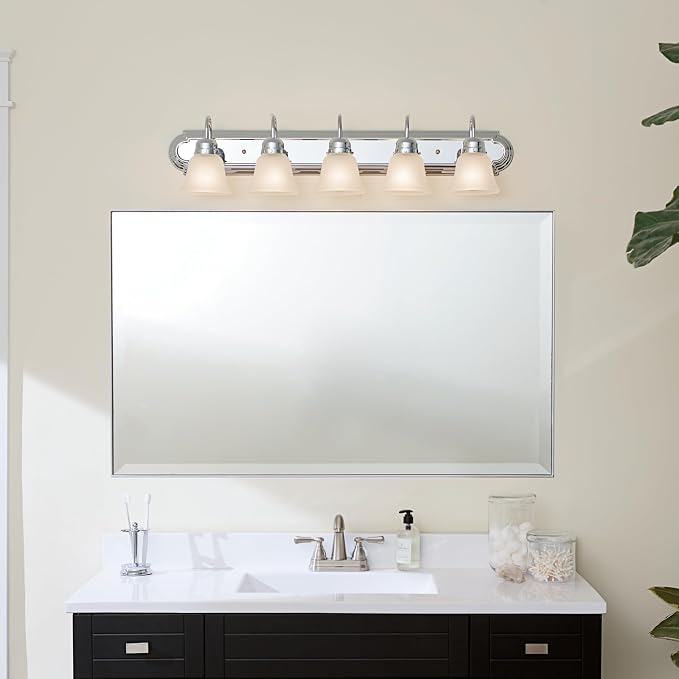 Kichler 5-Light Bathroom Vanity Light, Tannery Bronze | Traditional vanity light with satin etched glass for bathroom mirrors (36" x 8" x 8"), 5339CHS