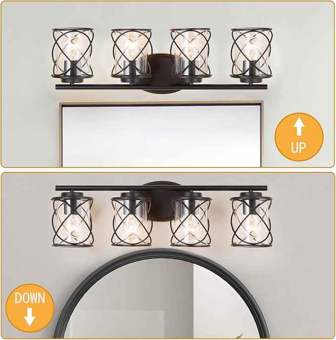 Bathroom Vanity Light Fixtures Over Mirror, 4 Lights Bathroom Vanity Lights, Matte Black Vanity Light, Modern Bathroom Lights with Cage Shade, Bathroom Wall Lamp for Mirror Kitchen Bedroom