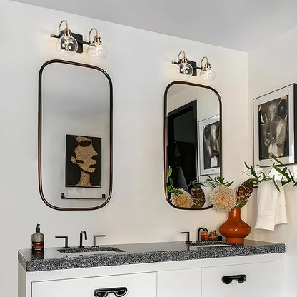 KSANA Black Gold Vanity Light, Modern 2-Light Bathroom Light Fixture with Clear Glass Globes, Electroplating Brass 14.5”L Vanity Lighting Over Mirror