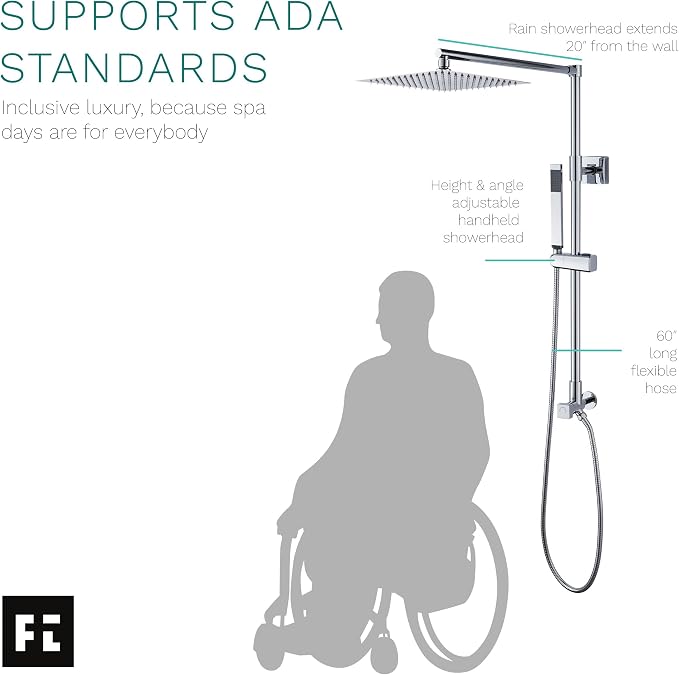 Polaris Lux Rain Shower System, includes 10” Square Rainfall Shower Head and Handheld Shower Combo, Height Adjustable Spray Holder, Retrofit, 60” Hose (2.5 GPM Chrome)
