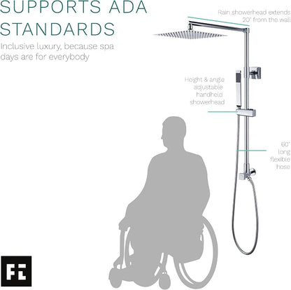Polaris Lux Rain Shower System, includes 10” Square Rainfall Shower Head and Handheld Shower Combo, Height Adjustable Spray Holder, Retrofit, 60” Hose (2.5 GPM Chrome)
