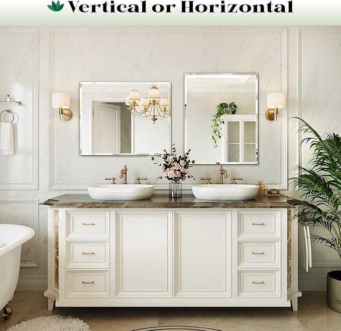 Frameless Beveled Bathroom Wall Mirror, 24"x30" Rectangle Bathroom Wall Mirror with Tempered Glass for Over Sink, Bedroom, Living Room, Vanity, Hangs Horizontally or Vertically
