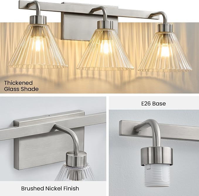 AIJIASI 3-Light Bathroom Light Fixtures Brushed Nickel Vanity Lights for Bathroom with Ribbed Glass Shade 24 Inch Bathroom Lighting Fixtures Over Mirror Wall Sconce Light for Restroom