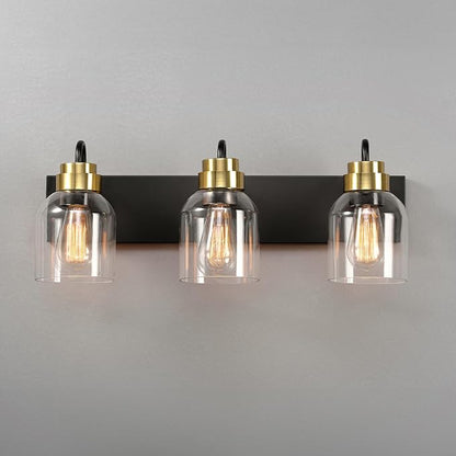 Globe Electric 63000200 22" 3-Light Vanity Light, Matte Black, Matte Brass Accents, Glass Shades, Beauty Room Accessories, Lights for Bathroom, Powder Room Lighting, Bathroom Lights Over Mirror