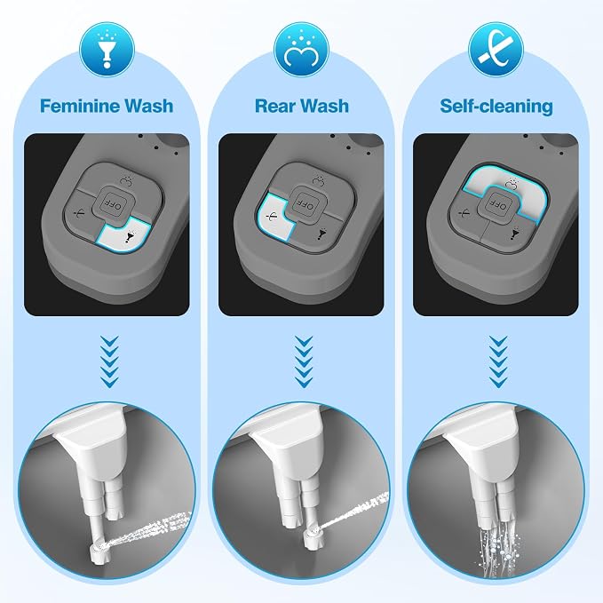 Non-Electric Bidet Attachment, Self-Clean Dual Nozzles, Adjustable Pressure | Ultra Slim Intuitive One-Touch, Retractable Nozzle Structure, Warm Water Rear & Feminine Washing Modes, Stainless Steel Iniet