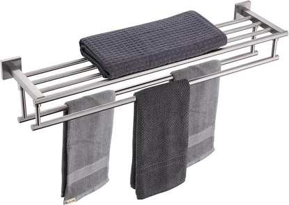 KOKOSIRI Towel Shelf with Double Towel Bars 32 Inches Bathroom Towel Rack Bath Towel Holder Wall Mounted Stainless Steel, Brushed Nickel, B6005BR-L32