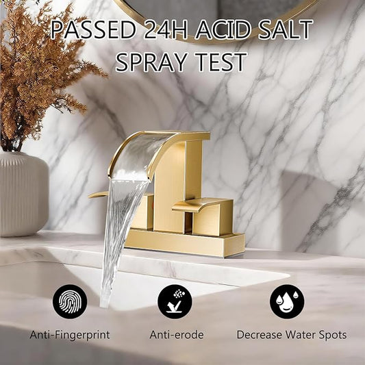 gotonovo Waterfall 4 Inch Centerset Bathroom Sink Faucet 2 Handle Basin Faucets 2 or 3 Hole Deck Mount with Pop Up Drain Included Lavatory Modern Mixer Tap Vanity Faucet Brushed Gold