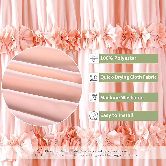 Homechoice Decor Peach Ruffle Shower Curtain for Master Bathroom | Vintage Handcrafted Bow Tie Bath Curtain, Ruched Microfiber Bathroom Curtain with 12 Buttonholes, 72" W x 72" H (LQ-10)