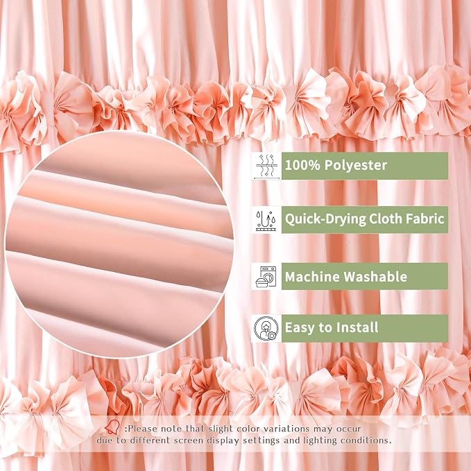 Homechoice Decor Peach Ruffle Shower Curtain, Handcrafted Bow Tie | Vintage Bath Curtain for Master Bathroom, Ruched Microfiber Bathroom Curtain with 12 Buttonholes, 72" W x 84" H (LQ-10)