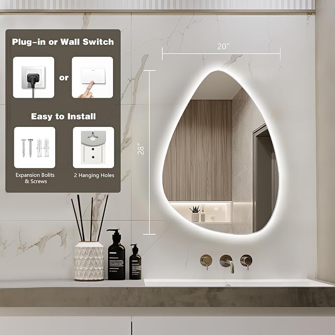 Niccy Irregular LED Bathroom Mirror, Frameless Backlit Wall Mirror, 20"x28" | Asymmetrica Lighted Mirror for Bedroom Living Room, Modern Smart-Mirror with 3 Color Lighting, Anti-Fog, Memory Function
