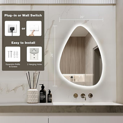 Niccy Irregular LED Bathroom Mirror, Frameless Backlit Wall Mirror, 20"x28" | Asymmetrica Lighted Mirror for Bedroom Living Room, Modern Smart-Mirror with 3 Color Lighting, Anti-Fog, Memory Function