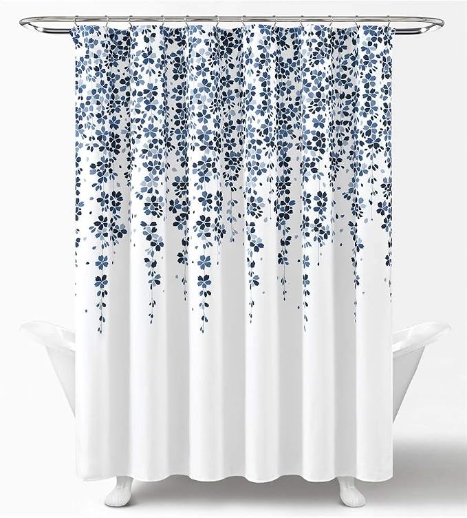 Lush Decor Weeping Flower Shower Curtain 72"W x 72"L White & Navy - Fabric Shower Curtains for Bathroom - Floral Bathroom Curtain - Cottage Core Decor