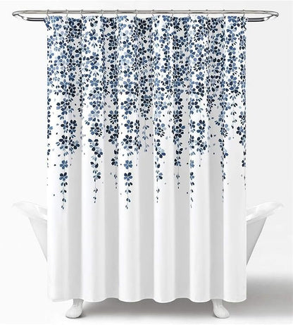 Lush Decor Weeping Flower Shower Curtain 72"W x 72"L White & Navy - Fabric Shower Curtains for Bathroom - Floral Bathroom Curtain - Cottage Core Decor