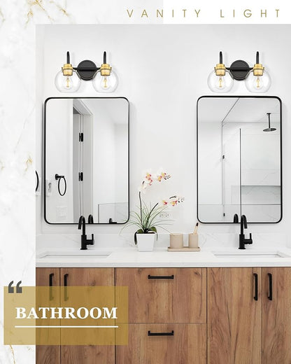 Bathroom Light Fixtures, 2-Light Black and Gold Vanity Lights with Globe Clear Glass, Modern Vanity Lighting Fixtures Over Mirror, AD-22280-2W-KG