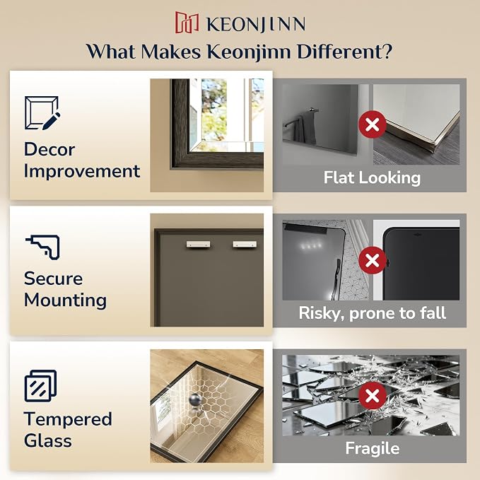 Keonjinn 16" x 24" Black Framed Mirror for Wall, Aluminum Alloy, Rust-Proof | HD Tempered Glass, Effortless French Cleat Installation, Transitional Style, Black Bathroom Mirror, Hallway, Entryway Decor