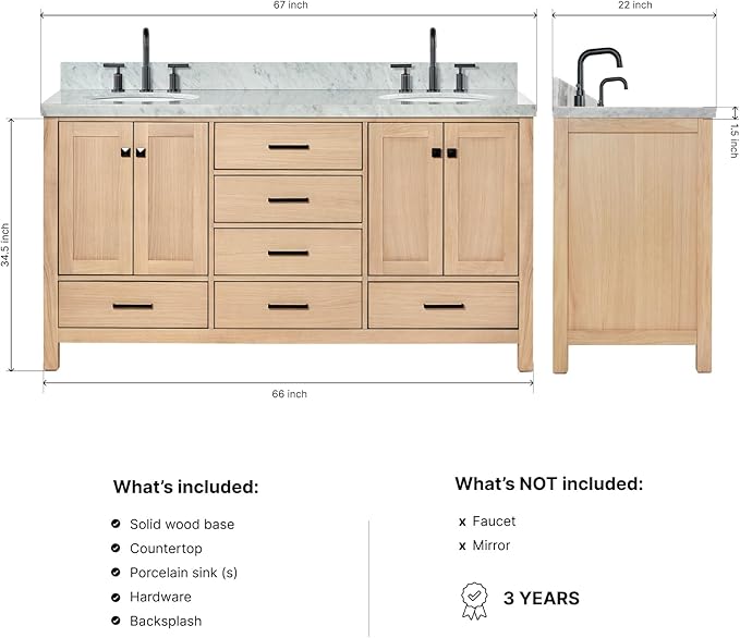 ARIEL Cambridge 66-inch Bathroom Vanity with Sink,Solid Wood, 1.5-inch Italian Carrara Marble Countertop, Double Oval Porcelain Sink, 4 Soft Closing Doors, 6 Dovetail Drawers, White Oak
