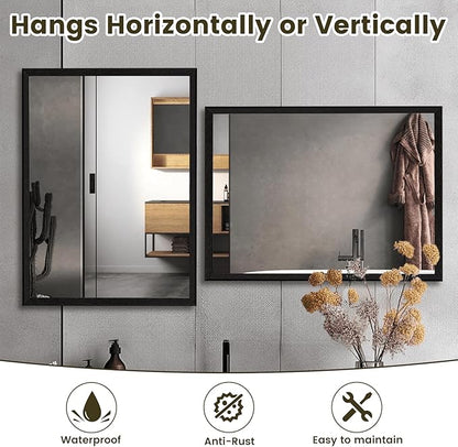 WEER Black Bathroom Mirror 22X30 Inch Rectangle | Matte Black Framed, Tempered Glass, Anti-Rust, Wall Mounted, Hangs Vertically or Horizontally
