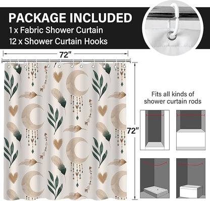 Bohemian Shower Curtains 72x72 Inch,Aesthetic Modern Boho Bathroom Curtain with Leaves and Moon, Neutral Waterproof Polyester Fabric Bath Curtain for Home Bathroom Decor