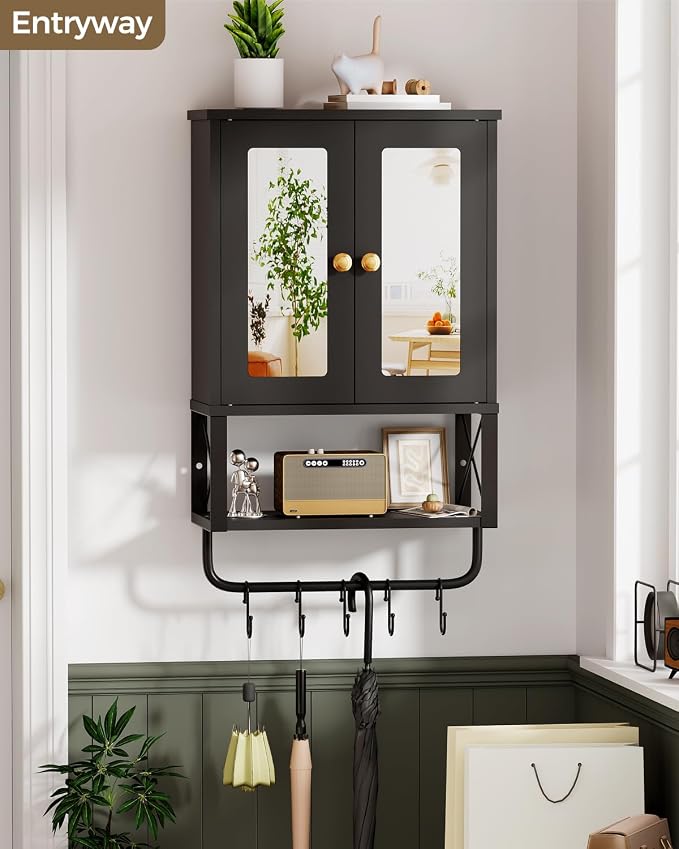BEWISHOME Bathroom Medicine Cabinet Mirror with Towel Bar, Black | Wall Mounted Cabinet with Adjustable Shelf Hooks, Space-Saving Over-Toilet for Bathroom, Living Room, 7.1x15.4x24.4 Inches