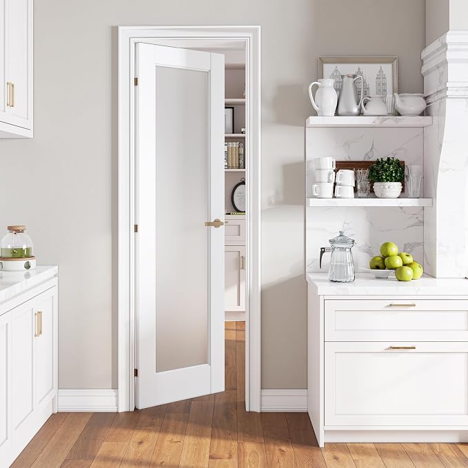 SMARTSTANDARD 24" x 80" Slab Door, Solid Core Frosted Glass Pantry Door | Pre-Assembled Interior Door without Hardware Kit for Pantry, Pocket, White Primed, Paintable Surface