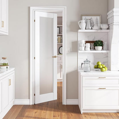 SMARTSTANDARD 24" x 80" Slab Door, Solid Core Frosted Glass Pantry Door | Pre-Assembled Interior Door without Hardware Kit for Pantry, Pocket, White Primed, Paintable Surface