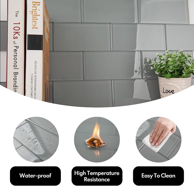 Grey Glass Subway Tile, Glass for Bathroom Kitchen Shower Backsplash Wall, 3 x 6 Inches, 4 Sq.Ft.