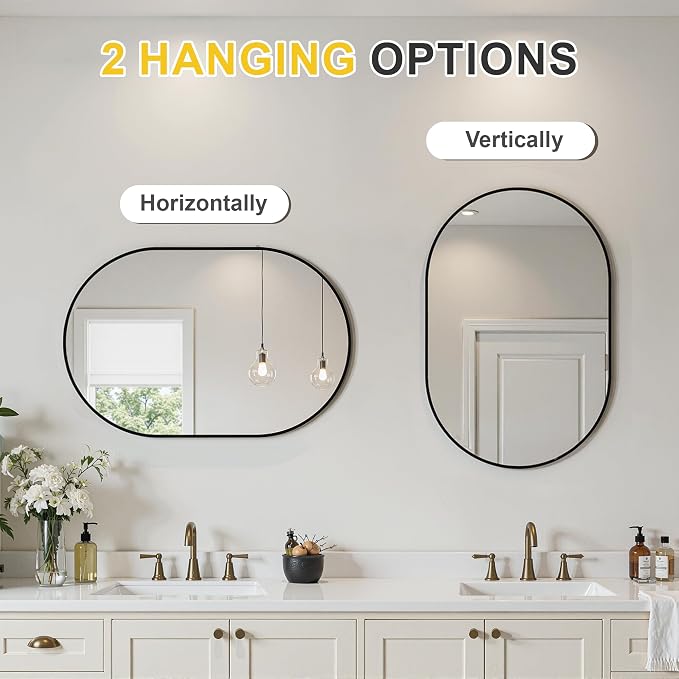 Black Oval Bathroom Mirror for Wall, 20"x30" Bathroom Vanity Mirror | HD Shatterproof Glass, Metal Framed, Oval Vanity Mirrors for Bathroom, Bedroom, Living Room, Entryway, Horizontal or Vertical