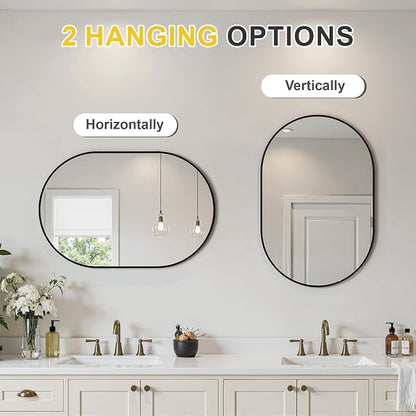 Black Oval Bathroom Mirror for Wall, 20"x30" Bathroom Vanity Mirror | HD Shatterproof Glass, Metal Framed, Oval Vanity Mirrors for Bathroom, Bedroom, Living Room, Entryway, Horizontal or Vertical