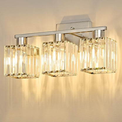 3-Light Bathroom Light Fixtures, Modern Brushed Nickel Crystal Wall Light for Bathroom,Lighting Fixtures Over Mirror