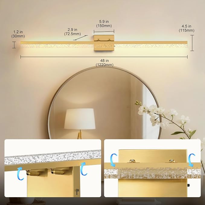 L LOHAS LED 48 Inch Gold Vanity Light Bar Over Mirror Acrylic Shade 3CCT | Modern Gold LED Bathroom Lighting With Bubbled Acrylic Shade, Adjustable Vanity Fixture for Mirror and Living Room Wall