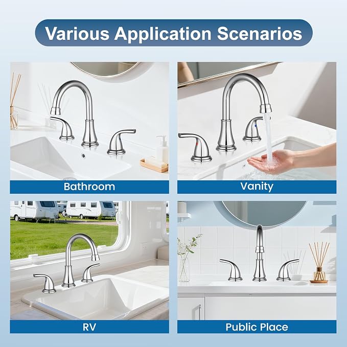 Polish Chrome Widespread Bathroom Sink Faucet, 3 Hole 8 Inch | Modern Bathroom Faucet 3-Hole,2 Handles,Pop-Up Drain & Supply Lines,Deck Mount Vanity Faucet,1.2 GPM,SUS304 Stainless Steel