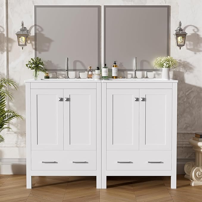 Favfurish 48" Bathroom Vanity with Ceramic Double Sink, Undermount Double Basin Vanity Set w/2 Divided Drawers and 4 Double-Layer Soft Close Doors & Built-in Shelf, Freestanding Storage Cabinet,White