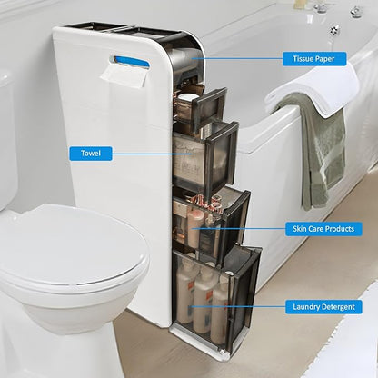 4-Tier Bathroom Floor Cabinet, Narrow Bathroom Storage Cabinet, Mobile and No Installation Required, Perfect for Small Space Laundry Rooms, Toilet Areas, and Living Room Gaps