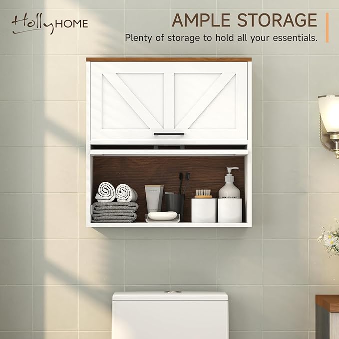 HollyHOME Bathroom Wall Cabinet, Farmhouse Barn Door Wood Medicine Cabinet with Adjustable Shelves, Wall-Mounted Over-The-Toilet Storage,White