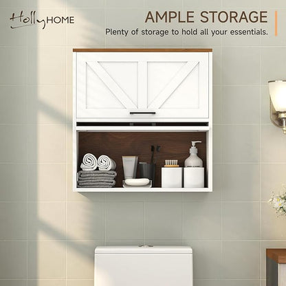 HollyHOME Bathroom Wall Cabinet, Farmhouse Barn Door Wood Medicine Cabinet with Adjustable Shelves, Wall-Mounted Over-The-Toilet Storage,White
