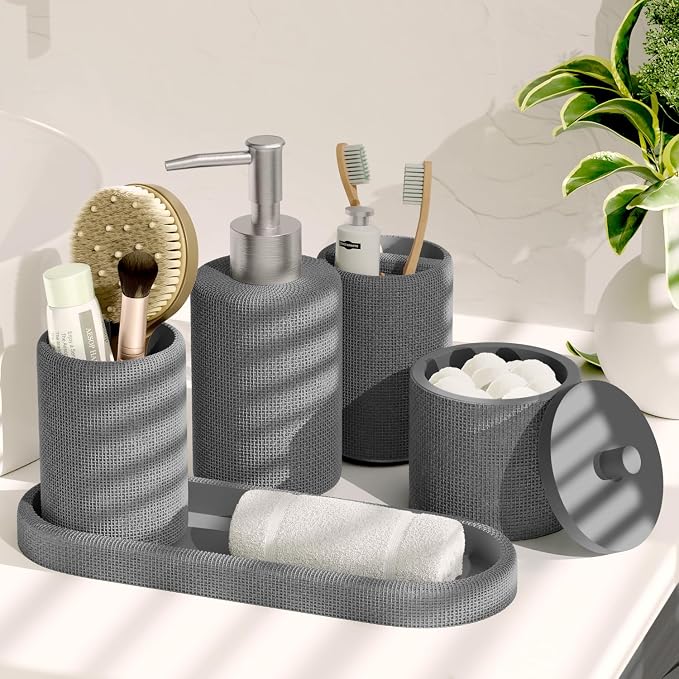 Clara Clark Bathroom Set - Grey Bathroom Accessories Set, 24PC Bathroom Accessory Set, Bathroom Sets with Shower Curtain Set, Adhesive Corner Shower Caddy Hanging & Soap Dispenser