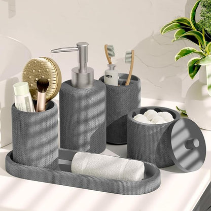 Clara Clark Bathroom Set - Grey Bathroom Accessories Set, 24PC Bathroom Accessory Set, Bathroom Sets with Shower Curtain Set, Adhesive Corner Shower Caddy Hanging & Soap Dispenser
