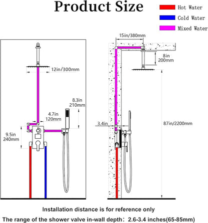 SKOWLL Shower Faucet Set Digital Display, 12 Inch Ceiling Mount Rainfall Shower Head with Handheld Combo, Matte Black Shower Head and Handle Set with Valve